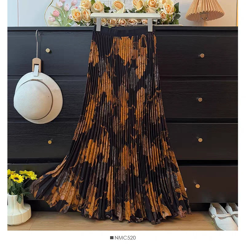 Bohemian Print Beach Skirts Female High Waist Flowy A-Line Pleated Maxi Skirt for Vacation Resort Wear & Spring Fall Fashion