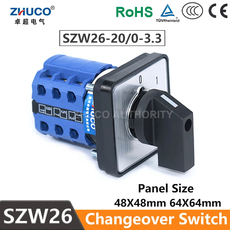 ZHUCO SZW26/LW26-20 Ui 660V 20A 3 Phase 12 Screw Terminals 4 Position Selector Changeover Cam Switch 64X64/48X48 mm Panel Mount