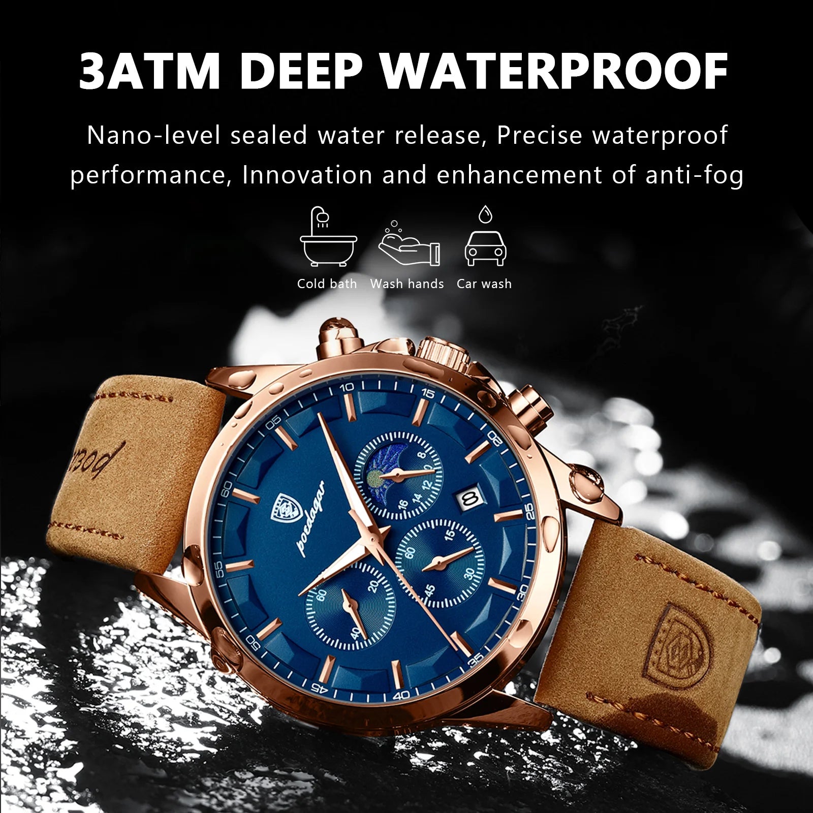 POEDAGAR Luxury Business Man Watch Waterproof Chronograph Luminous Date Male Wristwatch Leather Fashion Men's Quartz Watches+Box