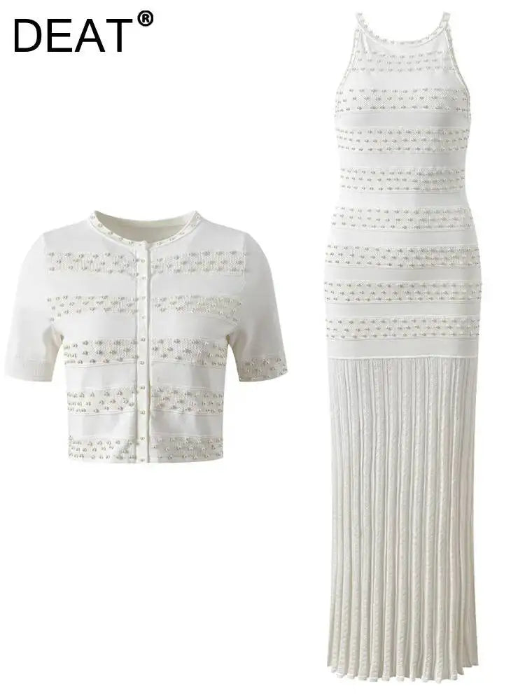 DEAT Single-Button Beaded Round-Neck Short-Sleeved Cardigan Fitted And Slimming Tank Top Dress Set 2026 Spring Women's New