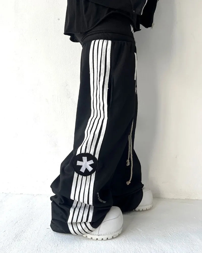 Y2K trendy Gothic English letter embroidered printed striped men sportswear pants retro Harajuku high Street punk casual pants