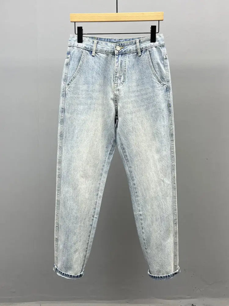 Slant Pocket Light Blue Slim-fitting Small-footed Jeans Men's Streetwear Simple Retro High Street Trousers Trendy Men's Pants