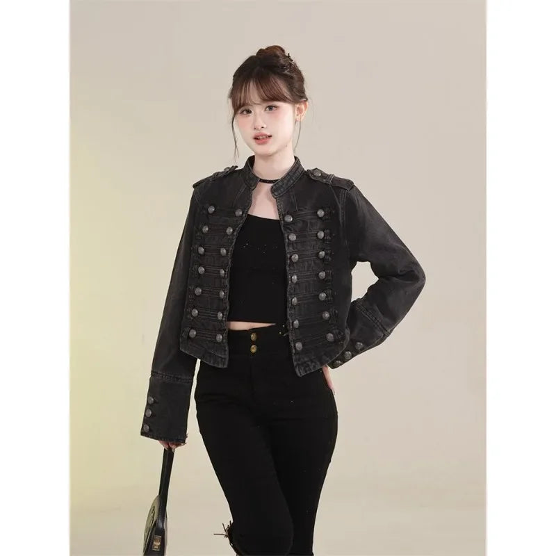 Women's Clothing Short Coat New Jeans Jacket Retro Button Design Slim Stand-up Collar Long Sleeves Denim Top Jacket Short Coat