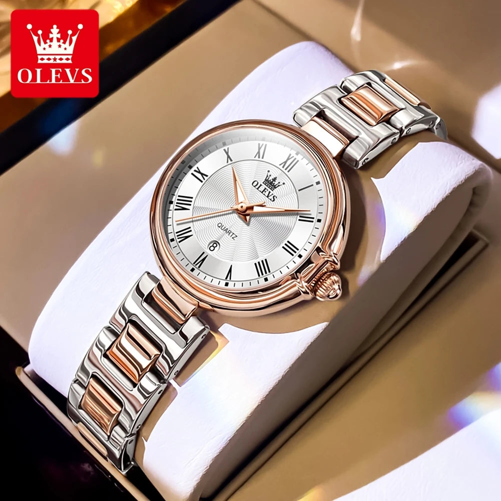 OLEVS 5608 Retro Style Quartz Watch for Women Elegant Steel Strap Auto Date Waterproof Luminous Luxury Ladies Wristwatch