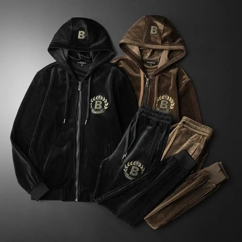 Men's Trend Gold Velvet Fashion Suit Hooded Thickened Casual Autumn and Winter New Plus Size Sportswear Two-Piece Set