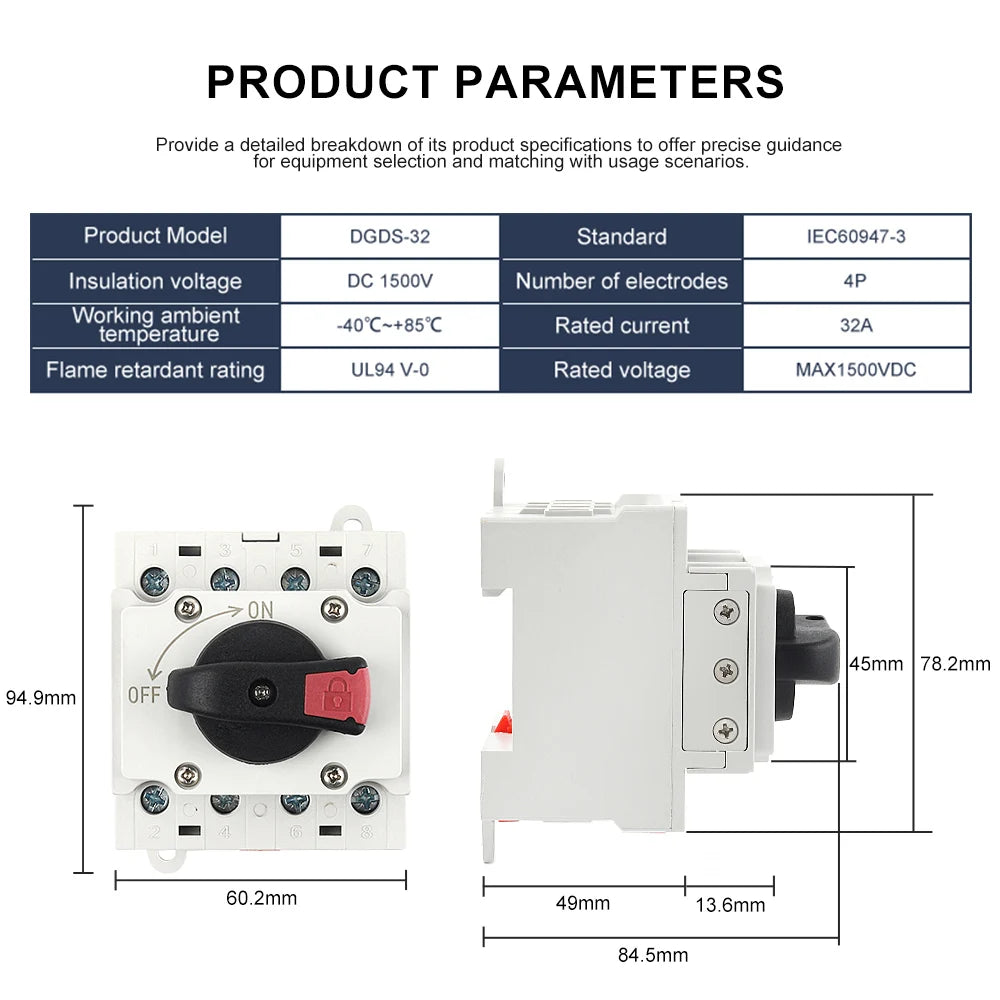 4P DIN-Rail Mount DC Isolator Rotary Switch 32A DC 1200V/1500V Rotating Handle Disconnect Switch for PV Distribution Box