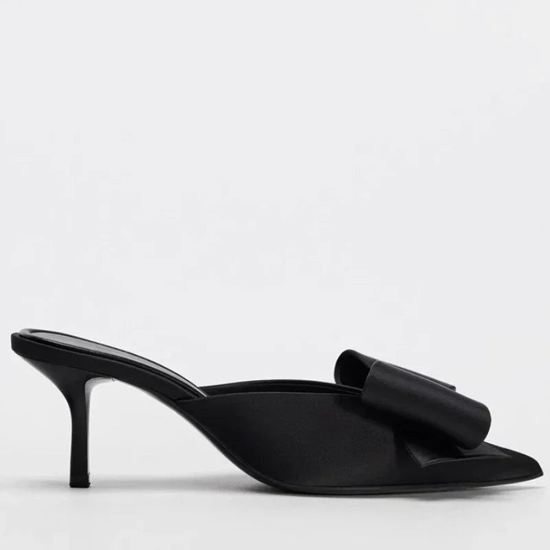 Butterfly-knot Satin Designer Mules Slippers Women Pointed Toe High Heels Banquet Party Shoes Fashion Brand Sandals Ladies Pumps