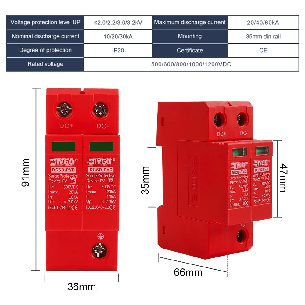 DC SPD Surge Protector Device lightning 20ka 40ka 60ka 2P 500V 600V 800V 1000V for Pv Solar System Low-voltage Arrester Device