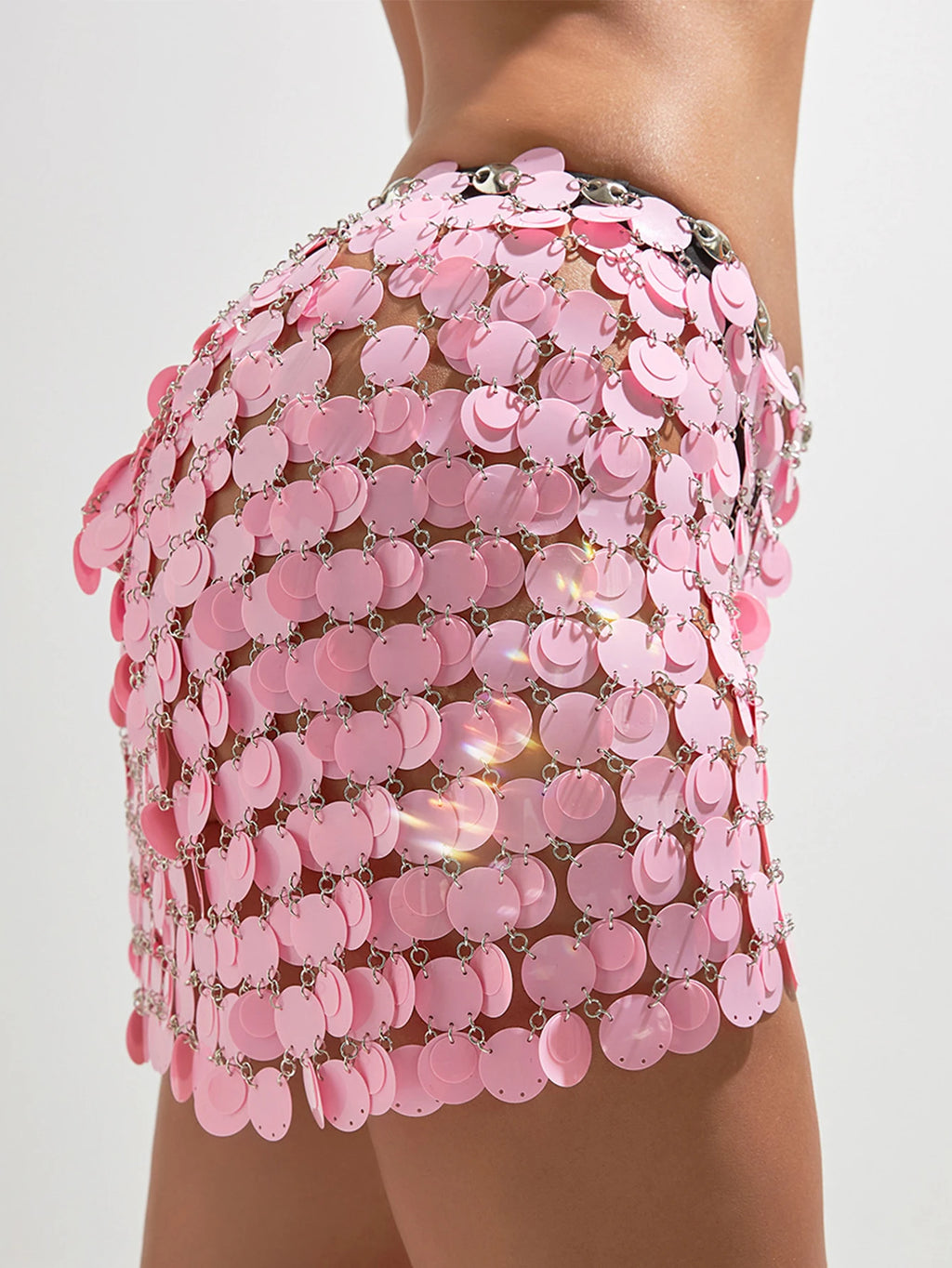 Sexy pink black metal sequin mini skirt women summer streetwear short skirts woman clothing see through beach club party skirt