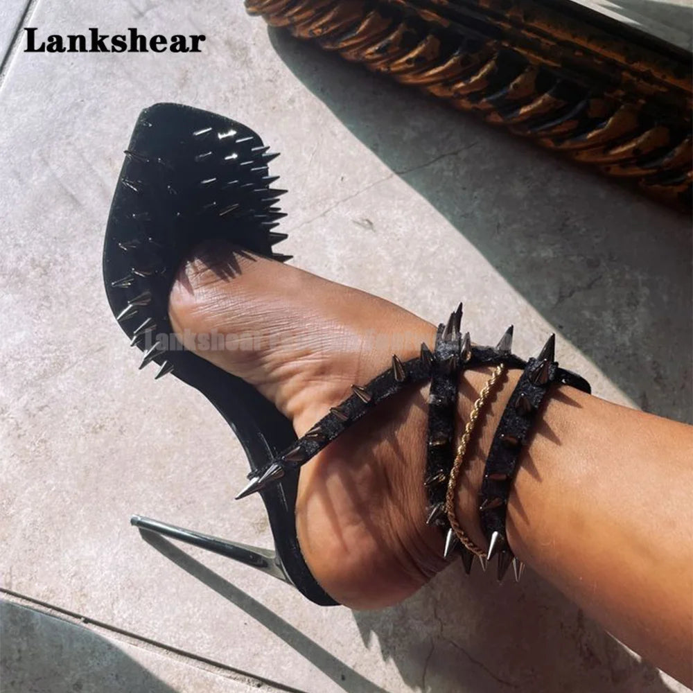 Metal Rivets Square Toe Stiletto Sandals Buckle Strap Suede Studded High Heels Summer Women Shoes Elegant Sandalias De Mujer