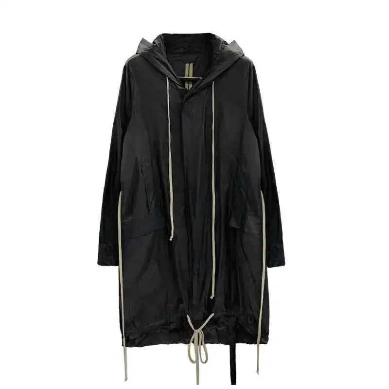 HKSH Spring Summer Men's Tide Dark Trench Hooded Windbreaker Casual Thin Zipper Loose Side Sewn Pockets Solid Color Coats HK2043
