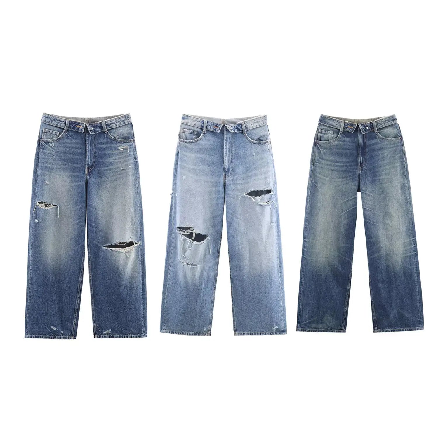 New Autumn/Winter Fashion Casual Mid Waist Hole Solid Color Loose Fit Wide Leg Jeans,3 Colors