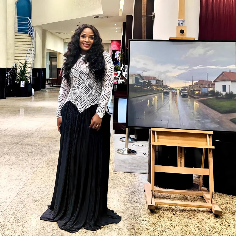 Two Color Patchwork Women Dress Fashion Sheer Mesh Top Long Sleeve Maxi Dress Parties Wear Elegant African Robe with Inner Dress