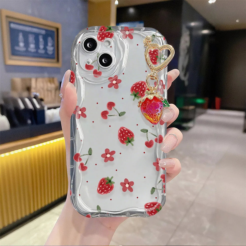 Flower Strawberry Pendant Case For Xiaomi Redmi Mi 14T 13T 12T 13 12 11 Lite A4 13C 12C 10C Redmi Note 12s 9 Pro 9s Phone Cover