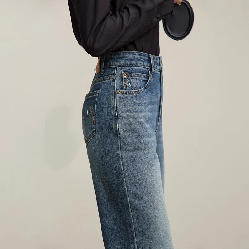 Amii Women's Jeans 2026 Summer New Mid Low Rise Cotton Stretch Denim Tapered Pants Embroidered Casual Woman Trousers 12641114