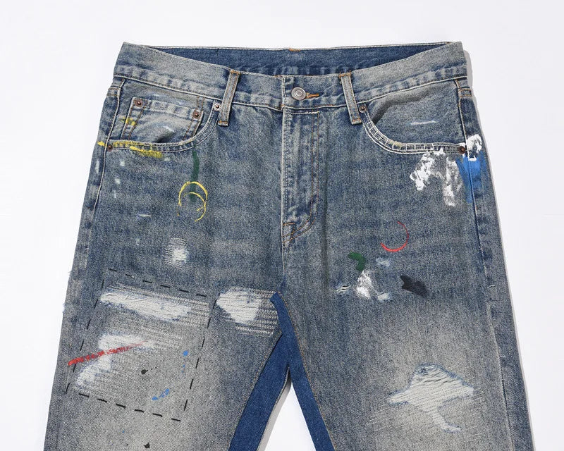 Washing Water Old Destroying Holes Cat Whiskers Embroidery Printing Splashing Ink Micro-horn Wide-leg Jeans for Men