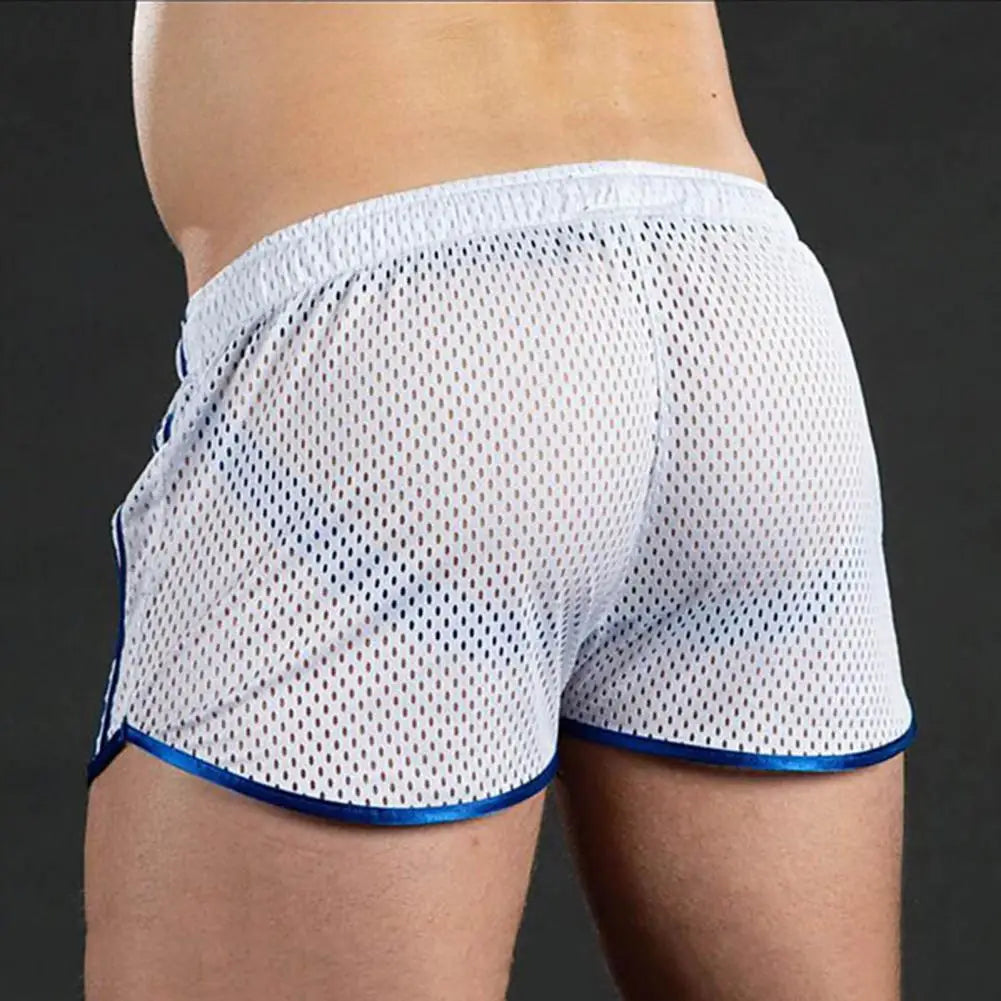 Summer Men Sport Shorts Color Matching Hollow Mesh Loose Drawstring Elastic Waist Quick Dry Jogging Gym Vacation Beach Shorts