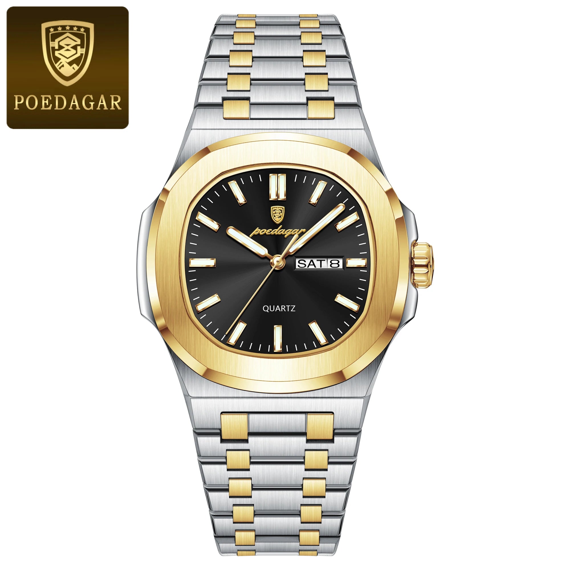 POEDAGAR Square Luxury Men's Wristwatch Luminous Waterproof Stainless Steel Male Clock Week Date Original Quartz Watches For Men