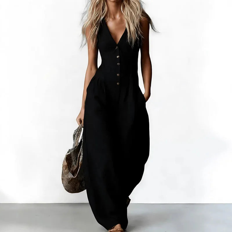 Fashion 2026 Spring Pocket Wide Leg Jumpsuit Sexy V Neck Button Women's Casual Rompers Summer Sleeveless Vacation Beach Overalls