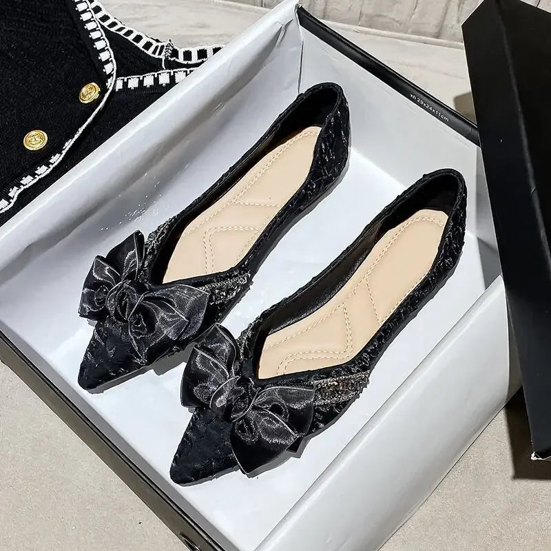 With Bow Pointed Toe Woman Flats Popular Cheap Liquidation Discount Vacation High Quality Fashion Slip on Black Shoes for Women