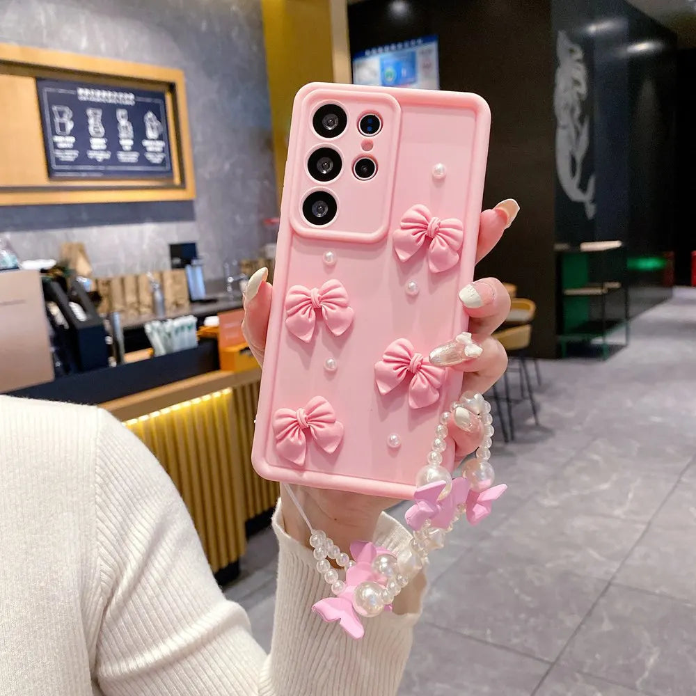 For Xiaomi Redmi Note 10 9 8 7 Pro 4g 5g 10s 3D Pearl Pink Bow Phone Case On Note10 S 10pro With Bracelet Soft Cover 9pro 8pro