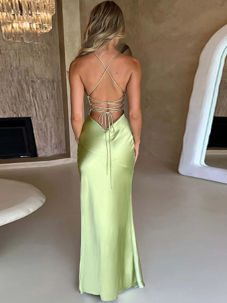 Summer New Fashion Dress Women's Sexy V-Neck Suspender Slit Mid-Length Evening Dress Elegant Party Club Satin Slim Fit