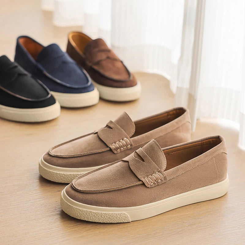 2025 Men's Genuine Suede Loafers 39-44, Black Round-Toe with Decorative Flap & Stitching Details, Brown Lined Comfortable Fit