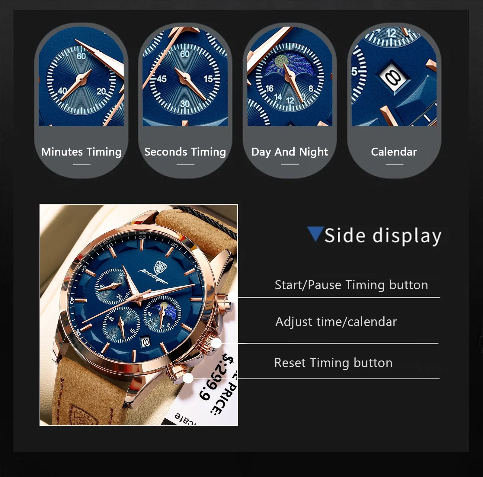 POEDAGAR Luxury Business Man Watch Waterproof Chronograph Luminous Date Male Wristwatch Leather Fashion Men's Quartz Watches+Box