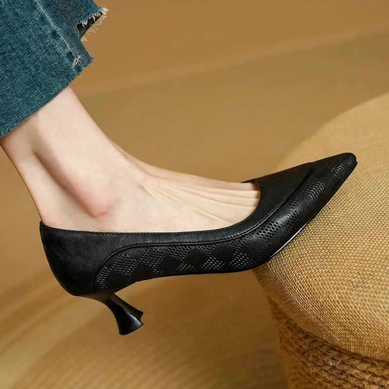 NEW Spring/Autumn Women Pumps Pointed Toe Kitten Heel Shoes Genuine Leather Shoes for Women Black Shallow Slio-on Handmade Shoes