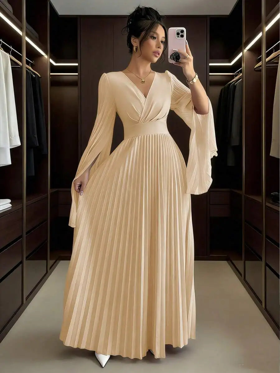 Lavender V-Neck Pleated Maxi Dress with Bell Sleeves Elegant Formal Gown