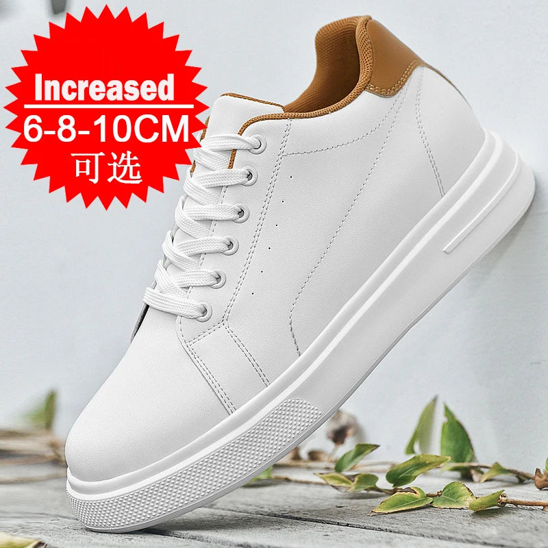 Men's Fashion Elevator Shoes premium Leather Invisible Height Increase 6/8/10CM White Sneakers Cortex Heightening Casual Shoes
