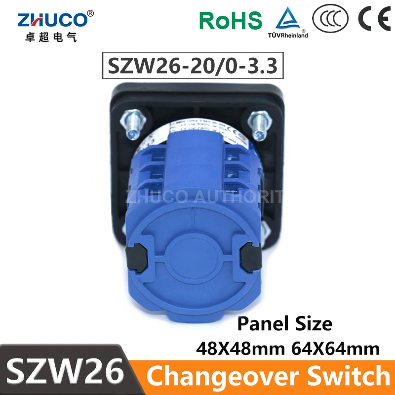 ZHUCO SZW26/LW26-20 Ui 660V 20A 3 Phase 12 Screw Terminals 4 Position Selector Changeover Cam Switch 64X64/48X48 mm Panel Mount
