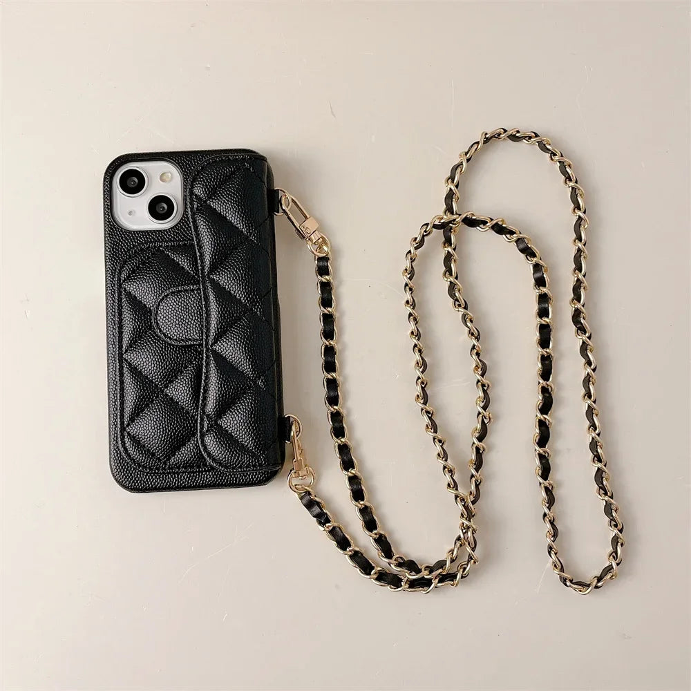 Crossbody Lanyard Wallet Phone Case For iPhone 15 14 13 16 Pro Max Card Holder Necklace Chain Luxury  Leather ( NO LOGO)