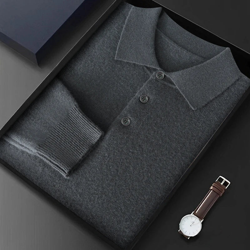 Men Knitwear Australian Pure Wool Pullover Flip Collar Thick Style Sweater Long Sleeve Warmth High Quality Business Basics Tops