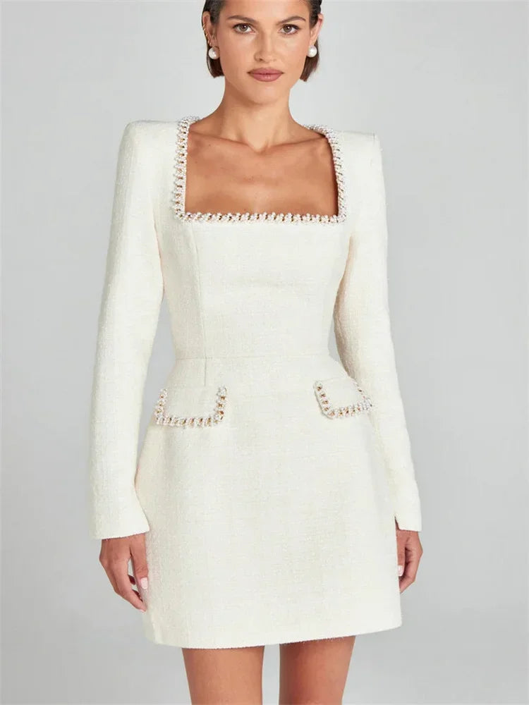 2025 Elegant Fashion Mini Dress For Women Shiny Long Sleeve Commute Pocket Clothes Female Square Collar Glitter Dress