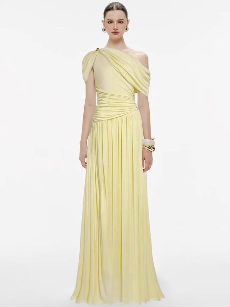 DEAT Elegant Dress Asymmetrical Pleated Long Hollow Out Solid Color Women's Evening Party Dresses 2026 Spring New Tide 35Z4129