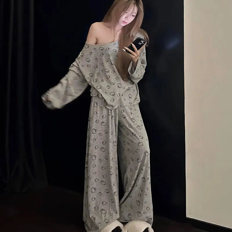 Korean Hello Kittys Printed Pajamas for Women Spring and Autumn Off-Shoulder Long Sleeves+ Trousers 2Pcs Girl Loose Home Clothes