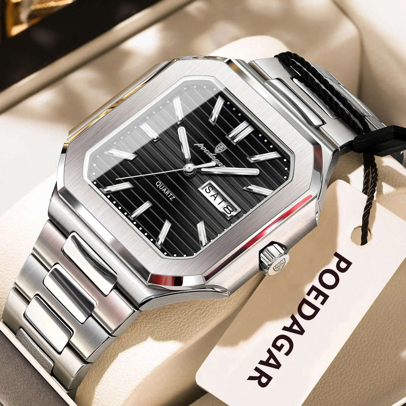 POEDAGAR Luxury Square Male Watch Waterproof Luminous Date Week Quartz Watches For Men Stainless Steel Fashion Men's Clock Reloj