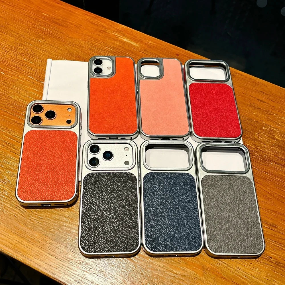 Business Plating Frosted Faux Leather Phone Case For iPhone 17 Pro Max 16 15 14 Plus 13 Pro Max 17 Air Shockproof Phone Cover