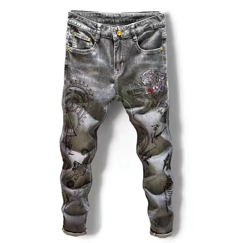 Spring and Autumn New Fashion Trend Print Retro Straight Leg Sports Denim Pants Men's Casual Slim Breathable High-Quality Jeans