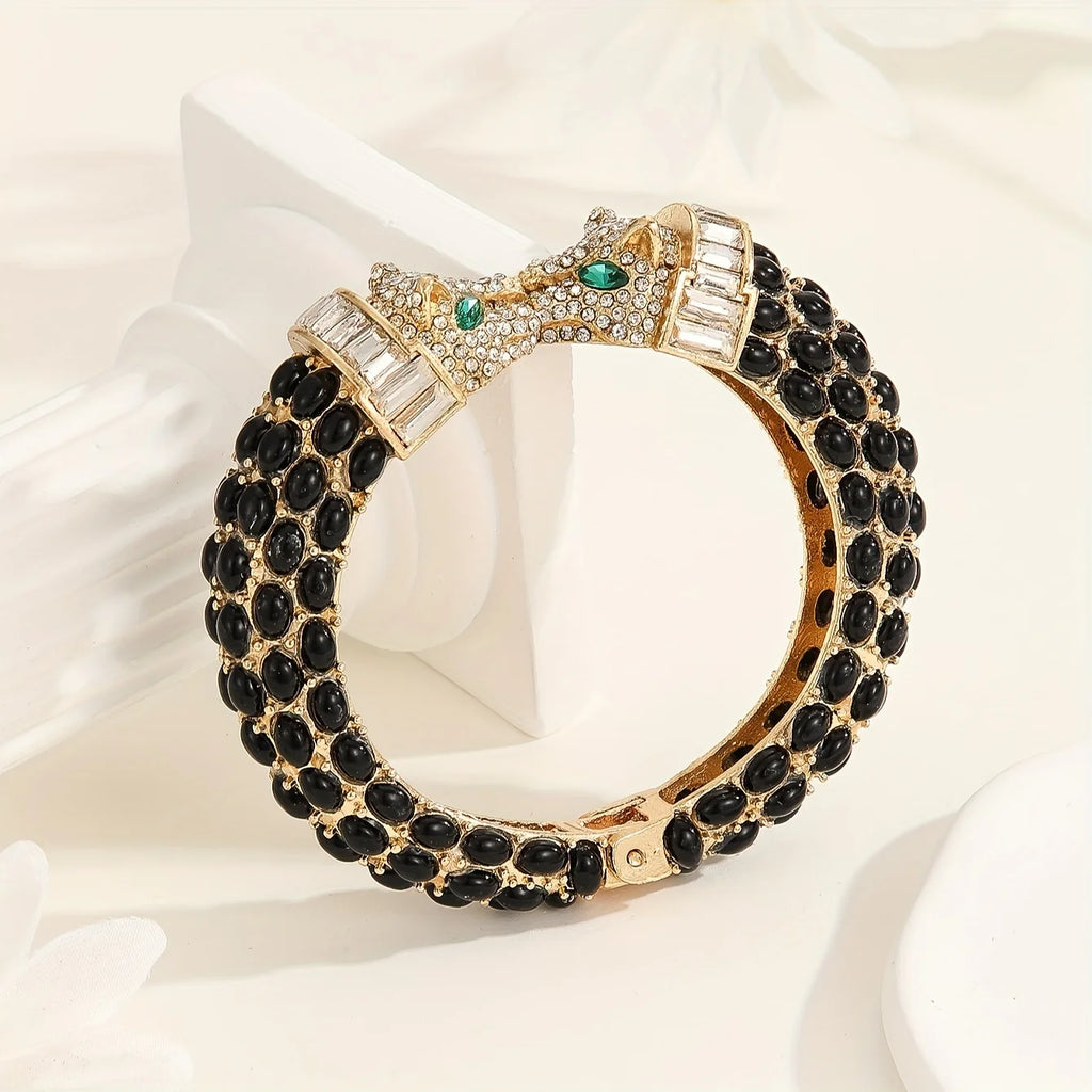 Vintage Luxury Full Rhinestone Double Headed Leopard Open Bangles Fashion Exquisite Versatile Bracelets Jewelry Gifts For Women