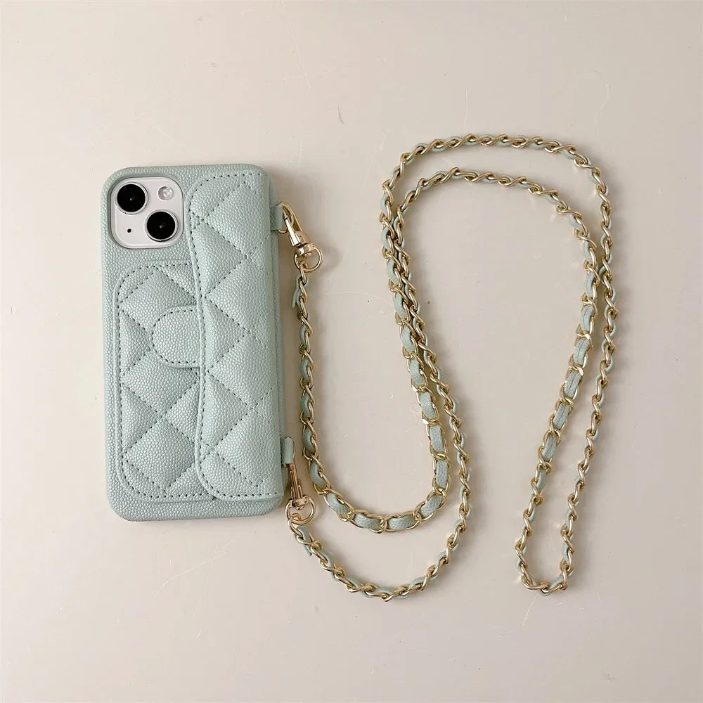 Crossbody Lanyard Wallet Phone Case For iPhone 15 14 13 16 Pro Max Card Holder Necklace Chain Luxury  Leather ( NO LOGO)