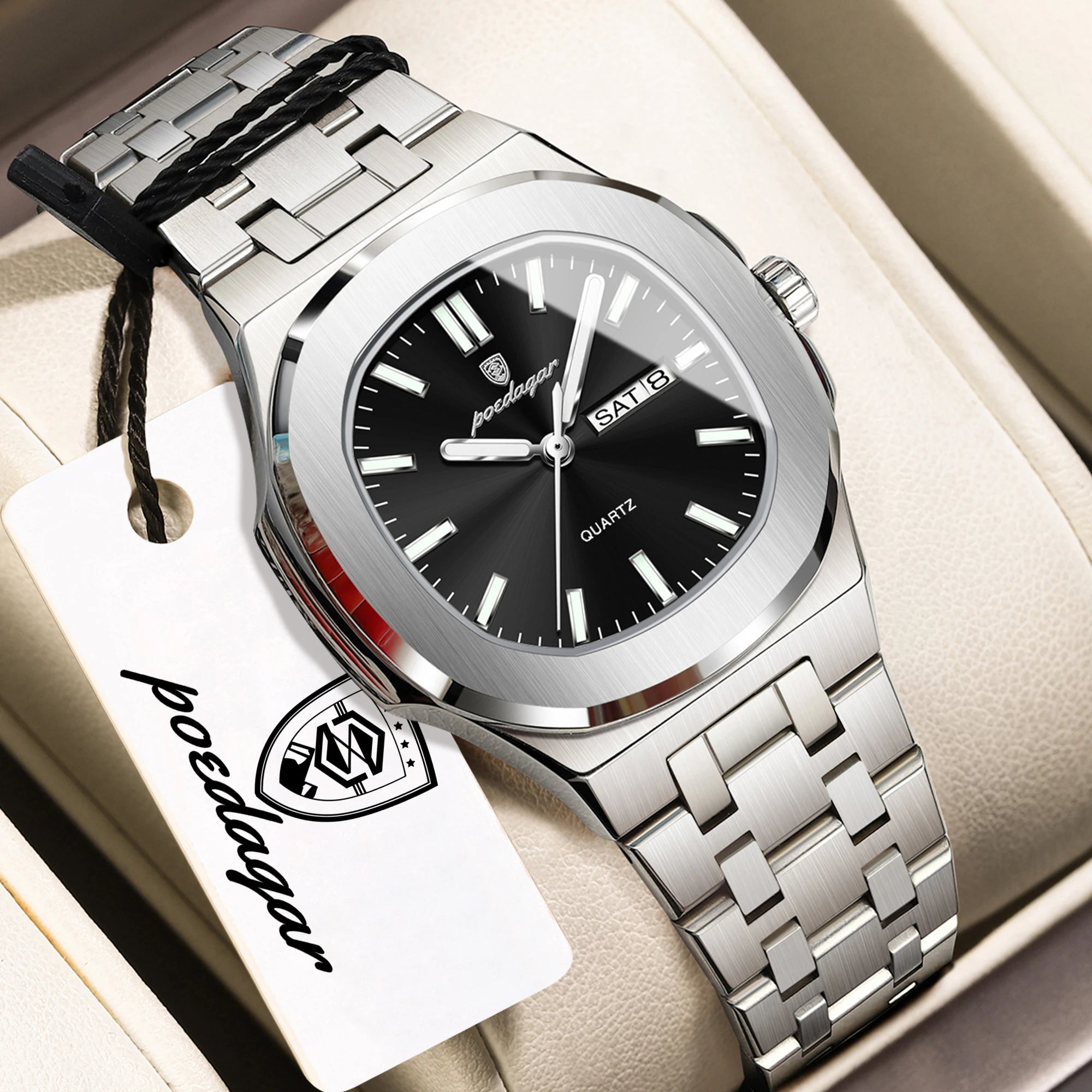 POEDAGAR Top Fashion Square Watch For Woman Luminous Waterproof Date Week Ladies Watch Stainless Steel Women's Quartz Wristwatch
