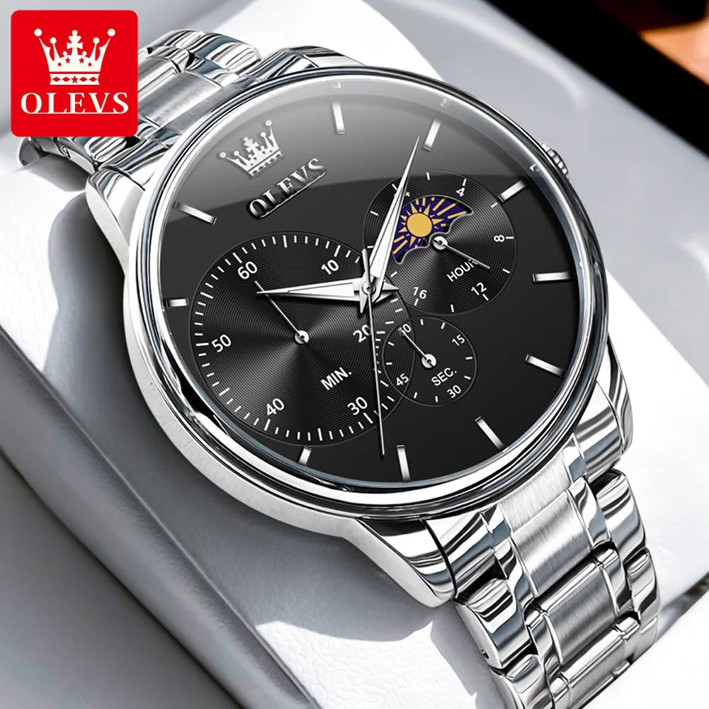 OLEVS Men's Watches Top Brand Business Fashion Fine Steel Original Brand Quartz Wristwatch for Man Moon Phase Chronograph Big
