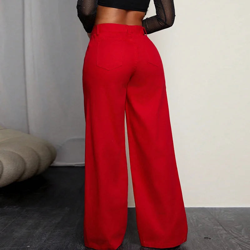 Benuynffy Y2K Retro Baggy Pants Women's High-waisted Casual Wide Leg Jeans Streetwear Loose Denim Straight Trousers 2025 Autumn
