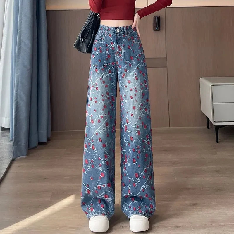 2026 New Embroidered Straight Jeans Women Fashion Denim pants Female Autumn High Waist wide-leg pants Ladies Casual Trousers