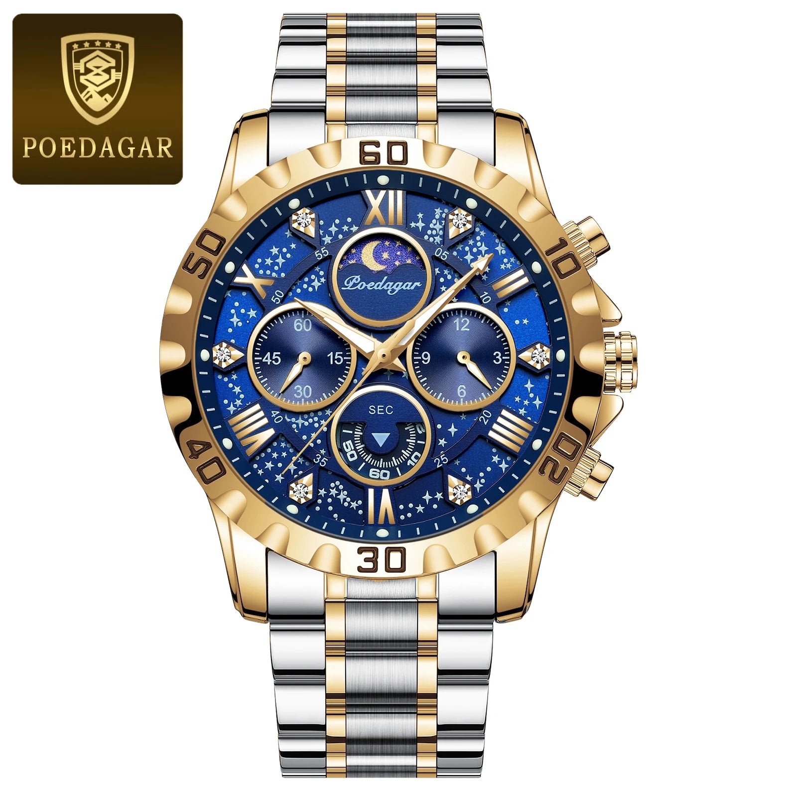 POEDAGAR Luxury Man Wristwatch Waterproof Luminous Chronograph Sports Men Watch Stainless Steel Fashion Quartz Men's Watches+Box