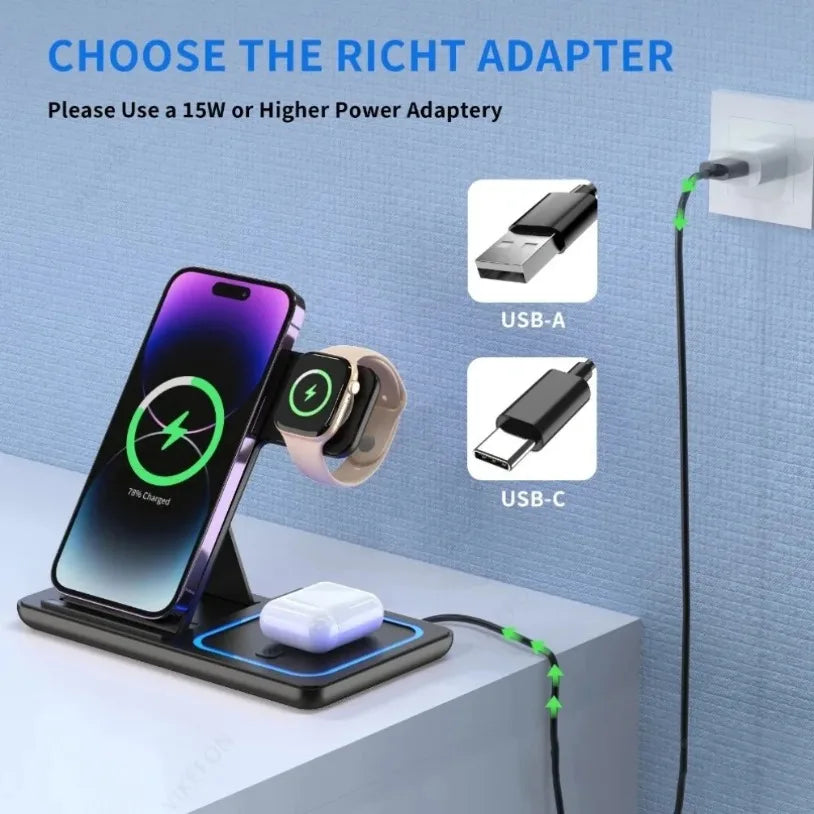 VIKEFON 3 in 1 30W Foldable Wireless Charging Station for iPhone 17-12 Pro Max iWatch Ultra Airpods Pro Fast Charger Stand Dock