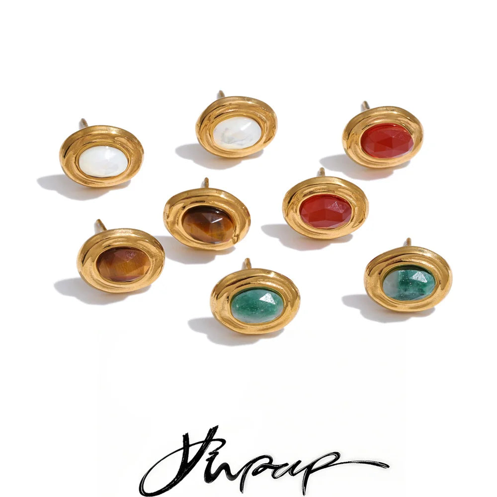 Yhpup 2026 Stainless Steel France Stud Earrings Natural Stone Agate Tiger Dainty Fashion Gift Jewelry Recommend