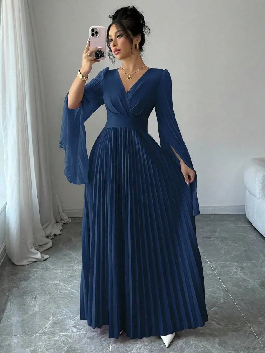 Lavender V-Neck Pleated Maxi Dress with Bell Sleeves Elegant Formal Gown